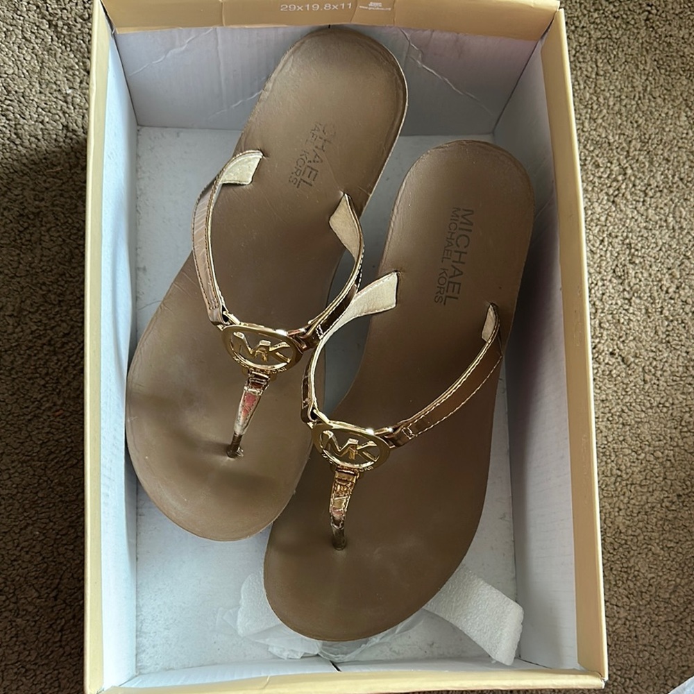 Michael Kors Gold Brown Sandals with Chain Detail